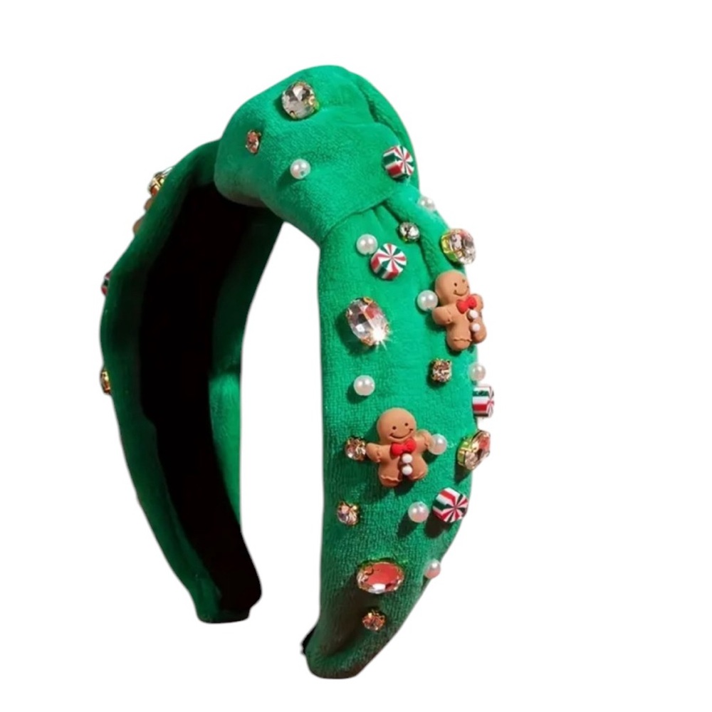 Green Knot Gingerbread Headband with Rhinestones & Imitation Pearls